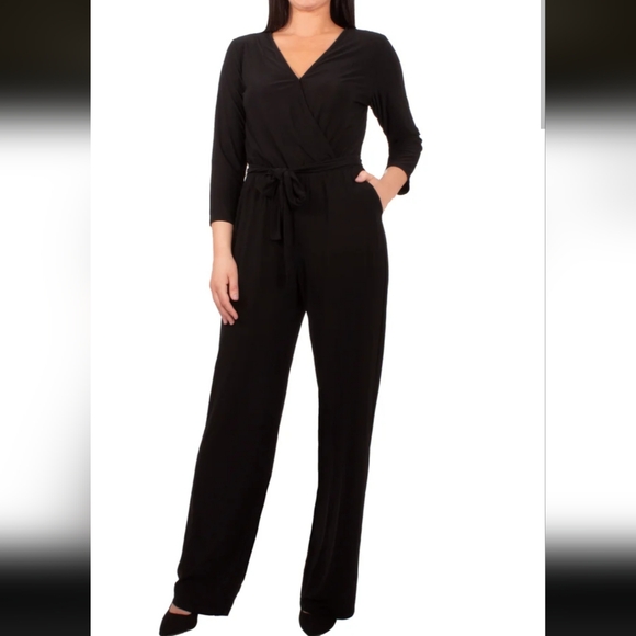 NY Collection Petite Black V Wrap Top Tie Belt Jumpsuit Sz PXL Classic Sexy - Picture 1 of 9